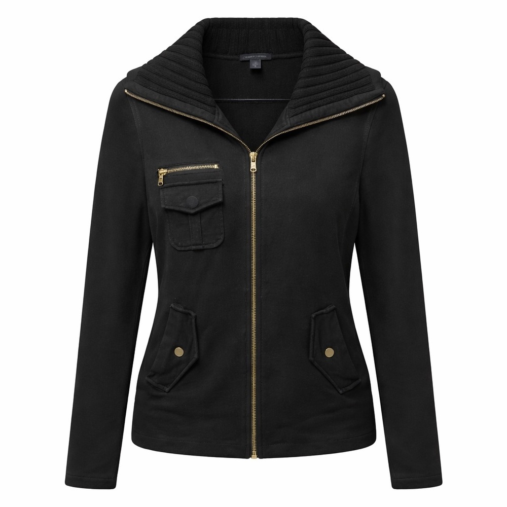 Tommy Hilfiger Black Sweater Jacket with Ribbed Collar and gold zippers
